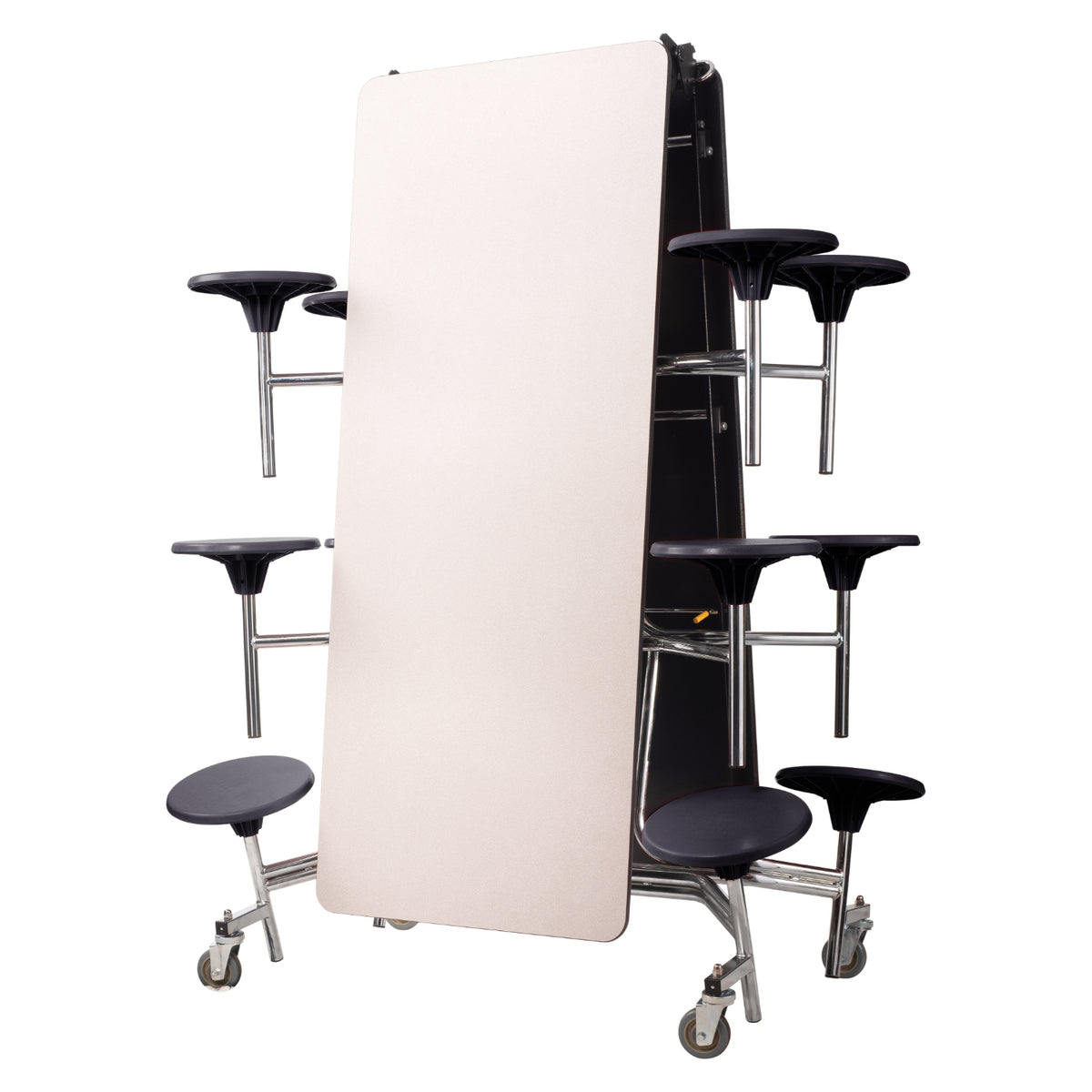 Mobile Cafeteria Table with 12 Stools, 12'L Rectangular, Particleboard Core, Vinyl T-Mold Edge, Chrome Frame