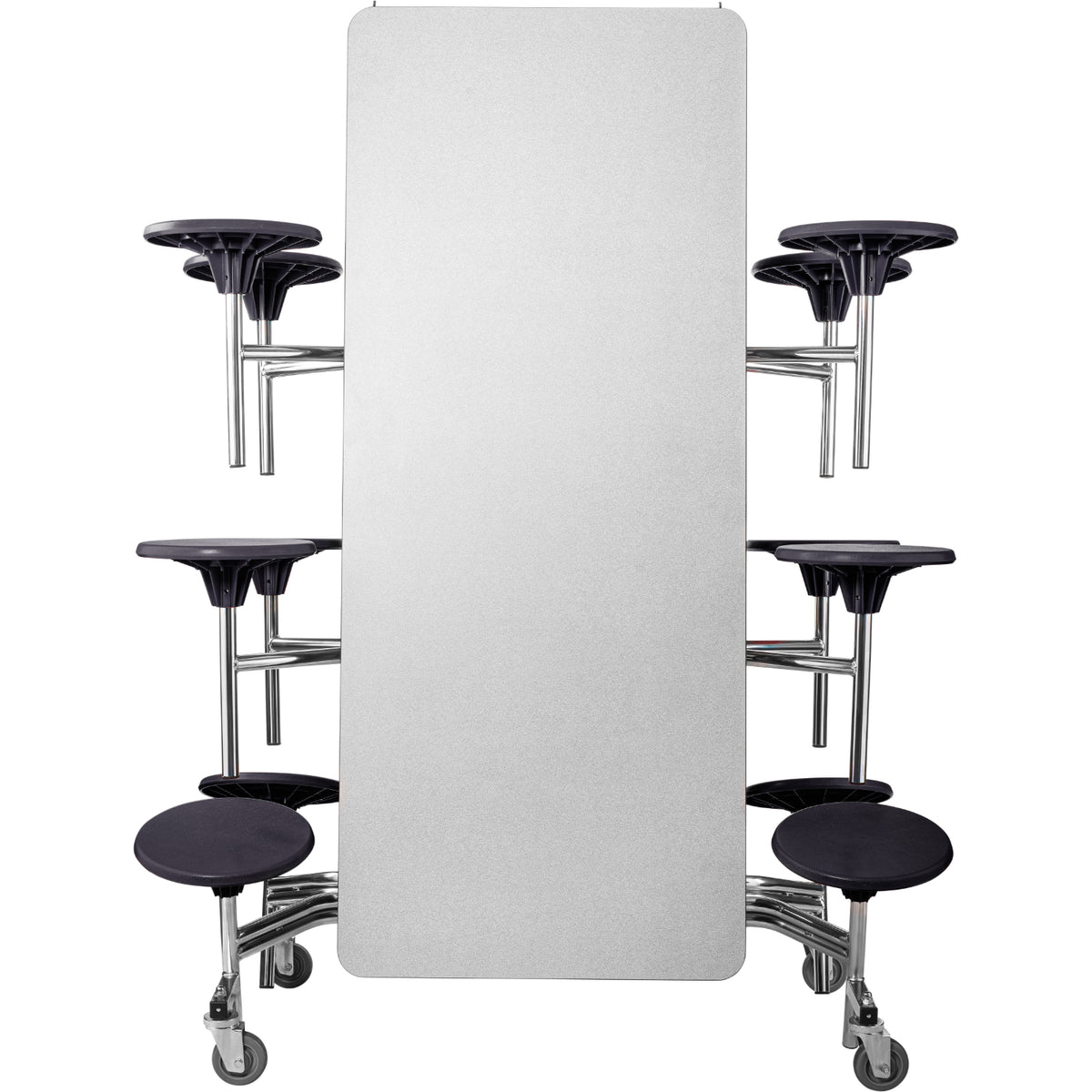 Mobile Cafeteria Table with 12 Stools, 12'L Rectangular, Plywood Core, Vinyl T-Mold Edge, Chrome Frame