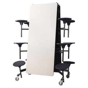 Mobile Cafeteria Table with 12 Stools, 12'L Rectangular, Plywood Core, Vinyl T-Mold Edge, Textured Black Frame
