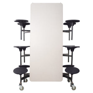 Mobile Cafeteria Table with 12 Stools, 12'L Rectangular, Plywood Core, Vinyl T-Mold Edge, Textured Black Frame