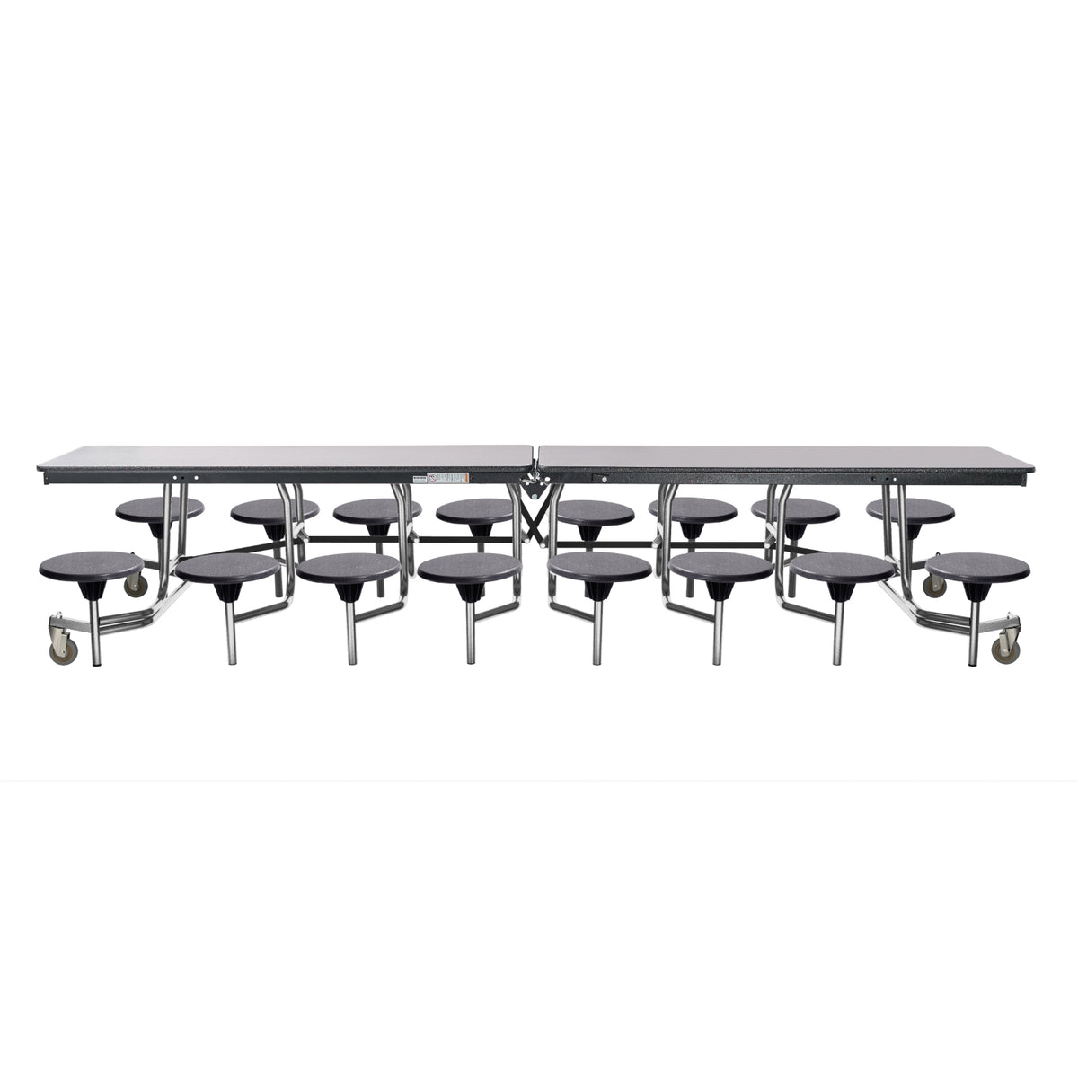 Mobile Cafeteria Table with 16 Stools, 12'L Rectangular, MDF Core, Black ProtectEdge, Chrome Frame