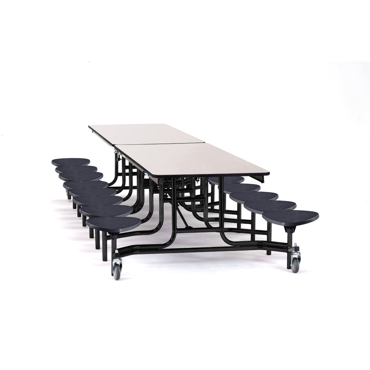 Quick Ship Mobile Cafeteria Table with 16 Stools, 12'L Rectangular, MDF Core, ProtectEdge, Textured Black Frame , Grey Laminate Top