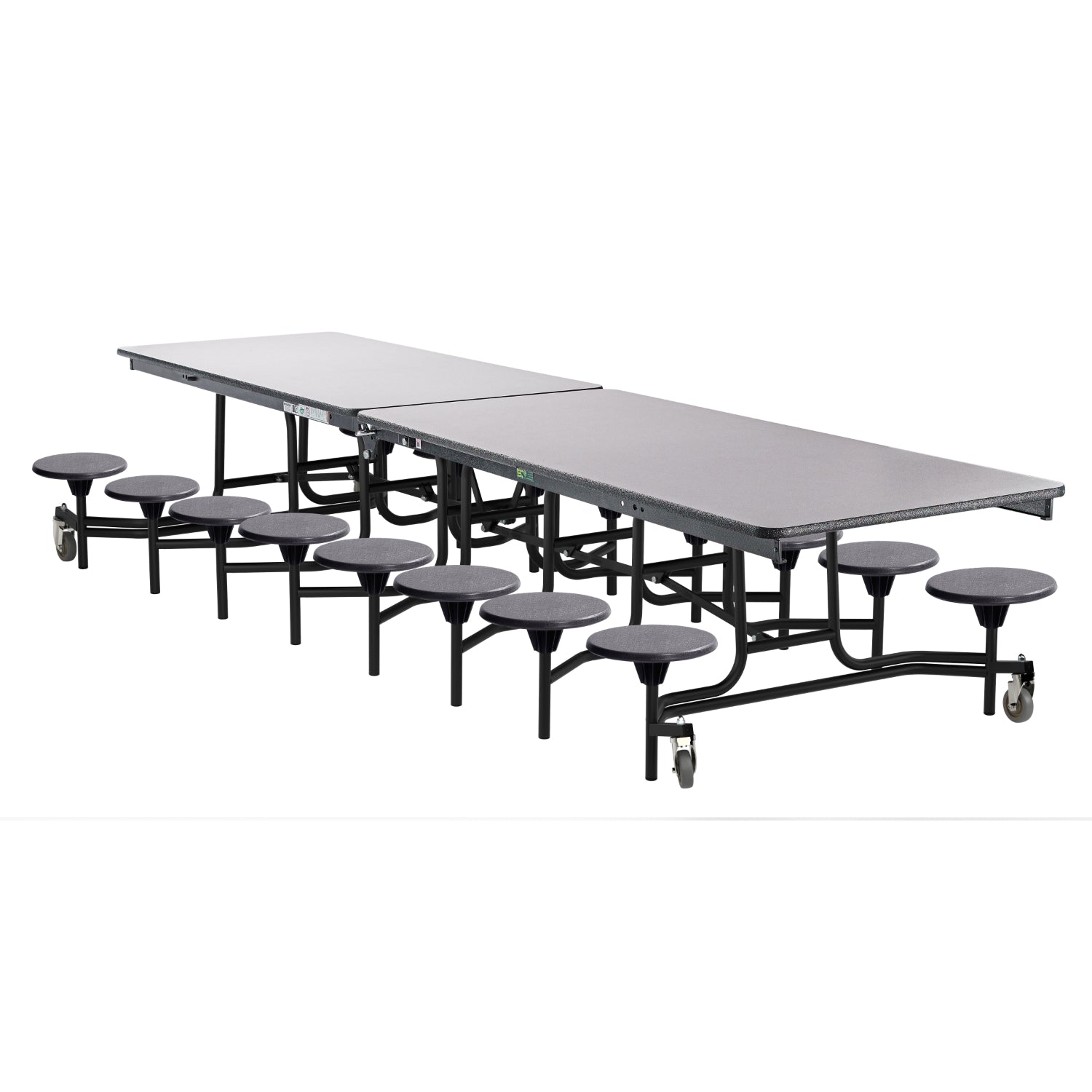 Quick Ship Mobile Cafeteria Table with 16 Stools, 12'L Rectangular, MDF Core, ProtectEdge, Textured Black Frame , Grey Laminate Top