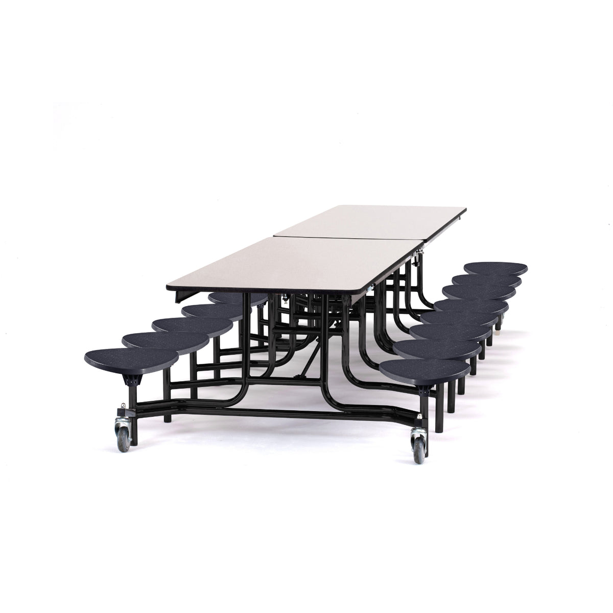 Quick Ship Mobile Cafeteria Table with 16 Stools, 12'L Rectangular, MDF Core, ProtectEdge, Textured Black Frame , Grey Laminate Top