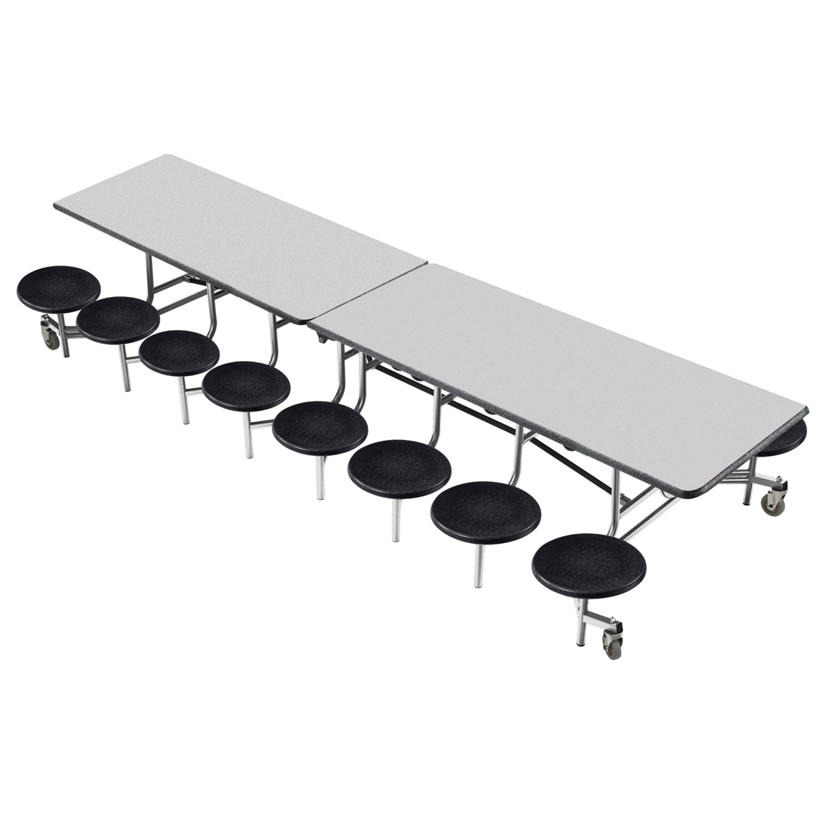 Mobile Cafeteria Table with 16 Stools, 12'L Rectangular, Particleboard Core, Vinyl T-Mold Edge, Chrome Frame