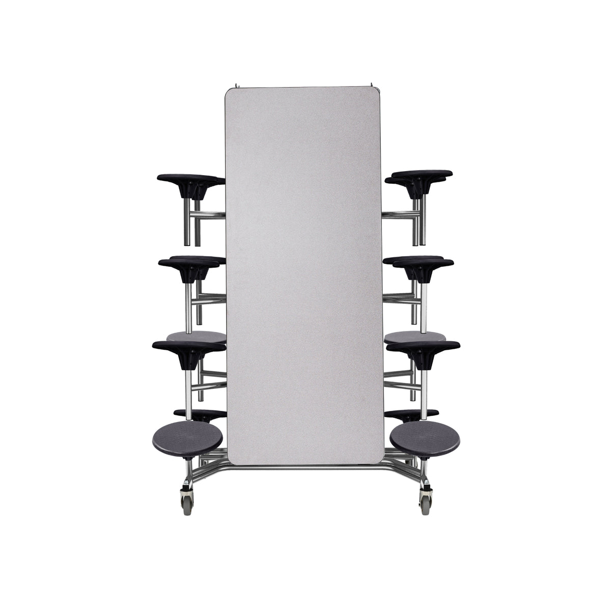 Mobile Cafeteria Table with 16 Stools, 12'L Rectangular, Particleboard Core, Vinyl T-Mold Edge, Chrome Frame