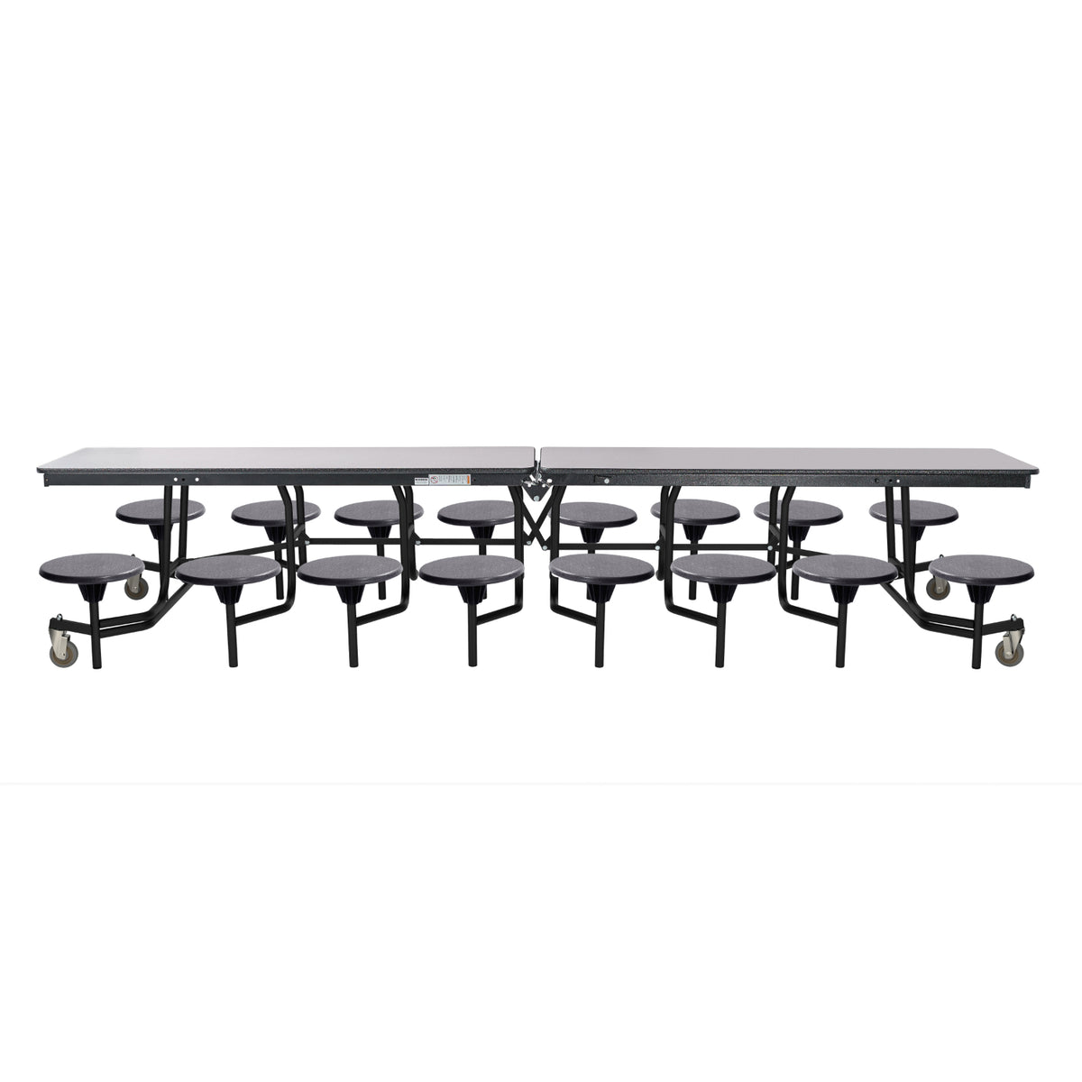 Mobile Cafeteria Table with 16 Stools, 12'L Rectangular, Particleboard Core, Vinyl T-Mold Edge, Textured Black Frame