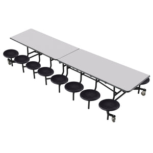 Mobile Cafeteria Table with 16 Stools, 12'L Rectangular, Particleboard Core, Vinyl T-Mold Edge, Textured Black Frame