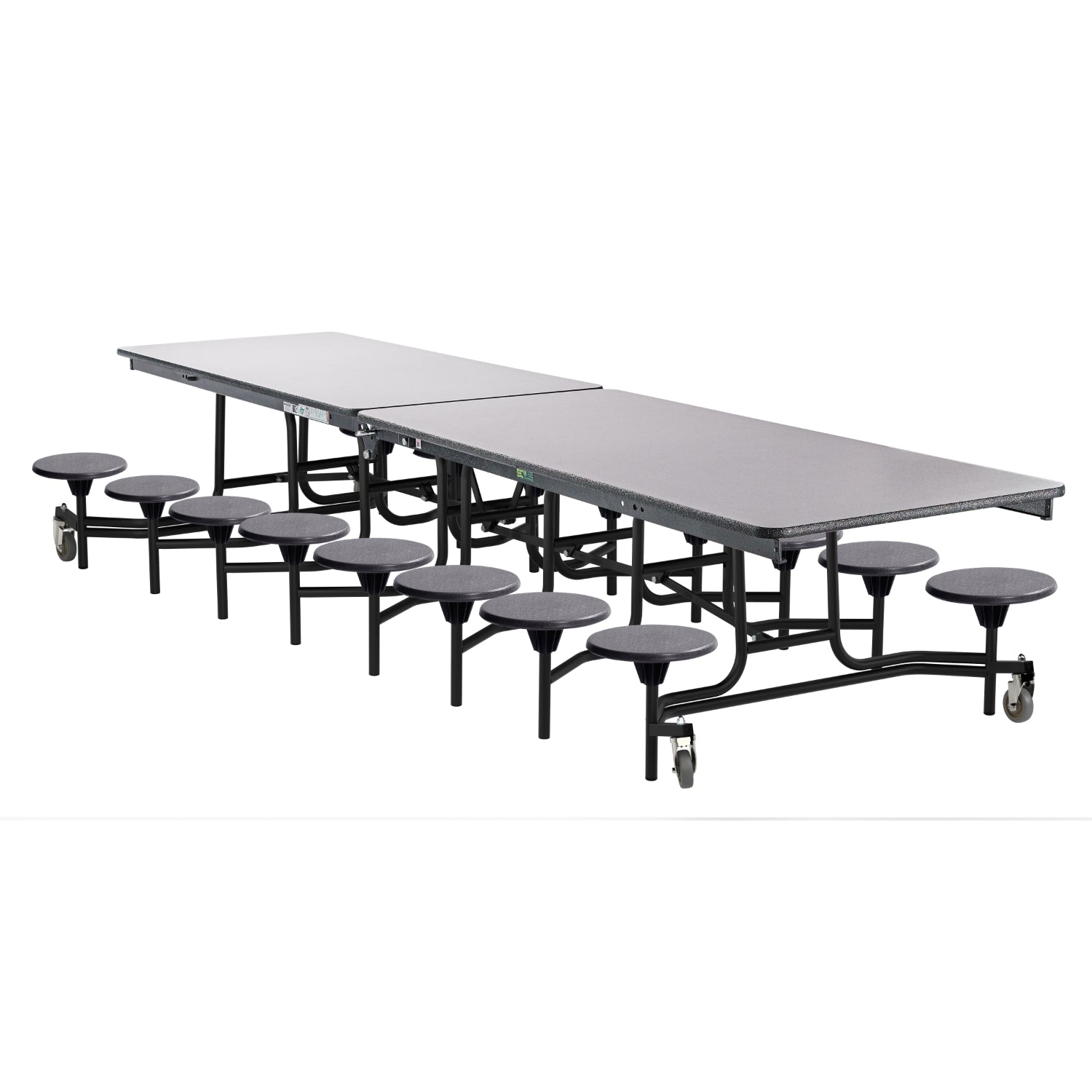 Mobile Cafeteria Table with 16 Stools, 12'L Rectangular, Particleboard Core, Vinyl T-Mold Edge, Textured Black Frame