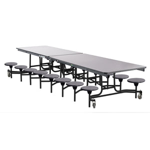 Mobile Cafeteria Table with 16 Stools, 12'L Rectangular, Particleboard Core, Vinyl T-Mold Edge, Textured Black Frame