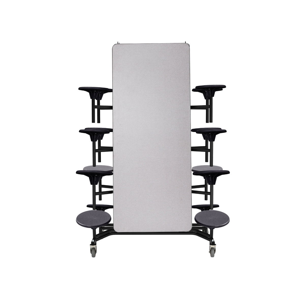 Mobile Cafeteria Table with 16 Stools, 12'L Rectangular, Particleboard Core, Vinyl T-Mold Edge, Textured Black Frame