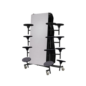 Mobile Cafeteria Table with 16 Stools, 12'L Rectangular, Particleboard Core, Vinyl T-Mold Edge, Textured Black Frame