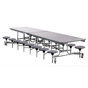 Mobile Cafeteria Table with 16 Stools, 12'L Rectangular, Plywood Core, Vinyl T-Mold Edge, Chrome Frame