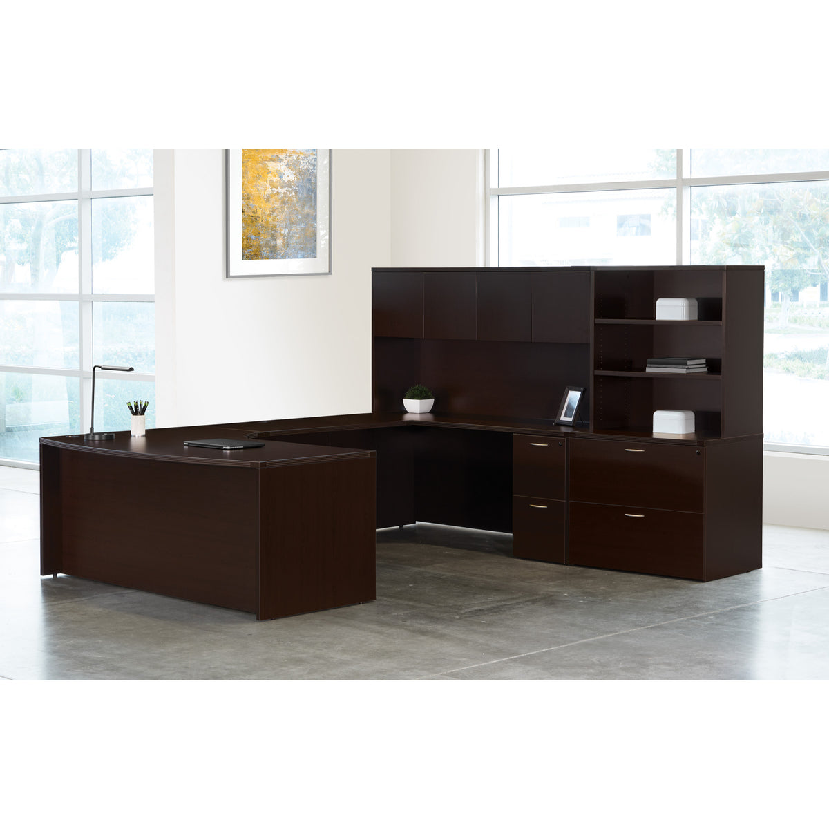 Napa Right U Shape with Corner Desk, Hutch and Storage, 107" x 107"