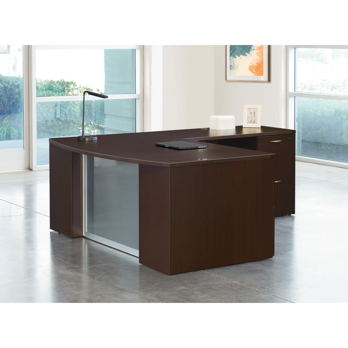 Napa StepFront L Shape with Bow Top Desk and Glass Modesty Panel, 71” x 88”
