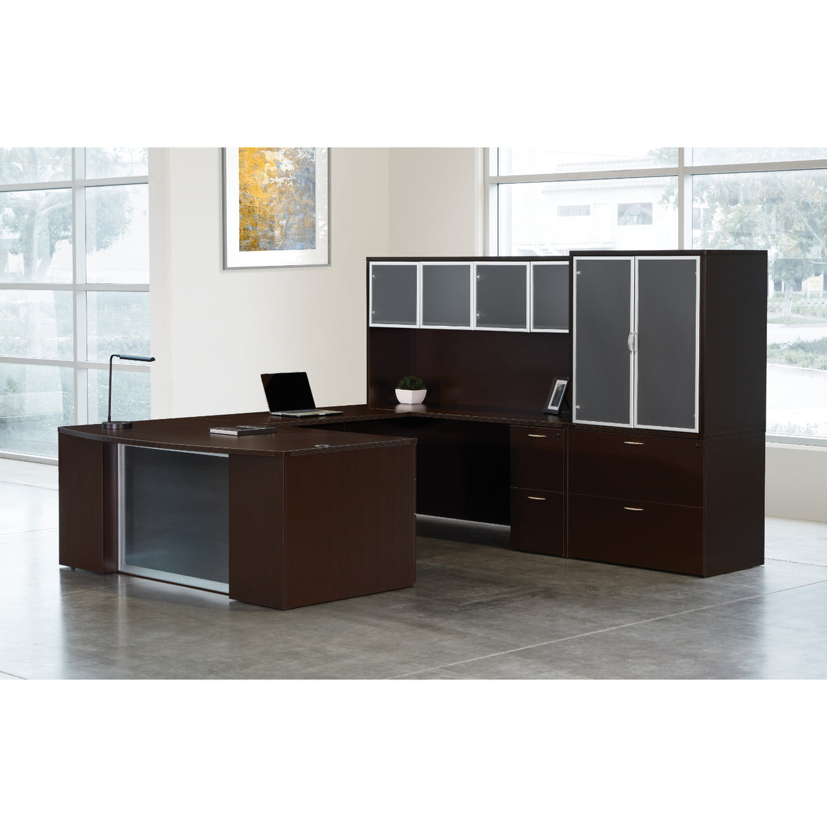 Napa StepFront U Shape with Hutch, File Storage and Glass Modesty Panel, 107” x 112”