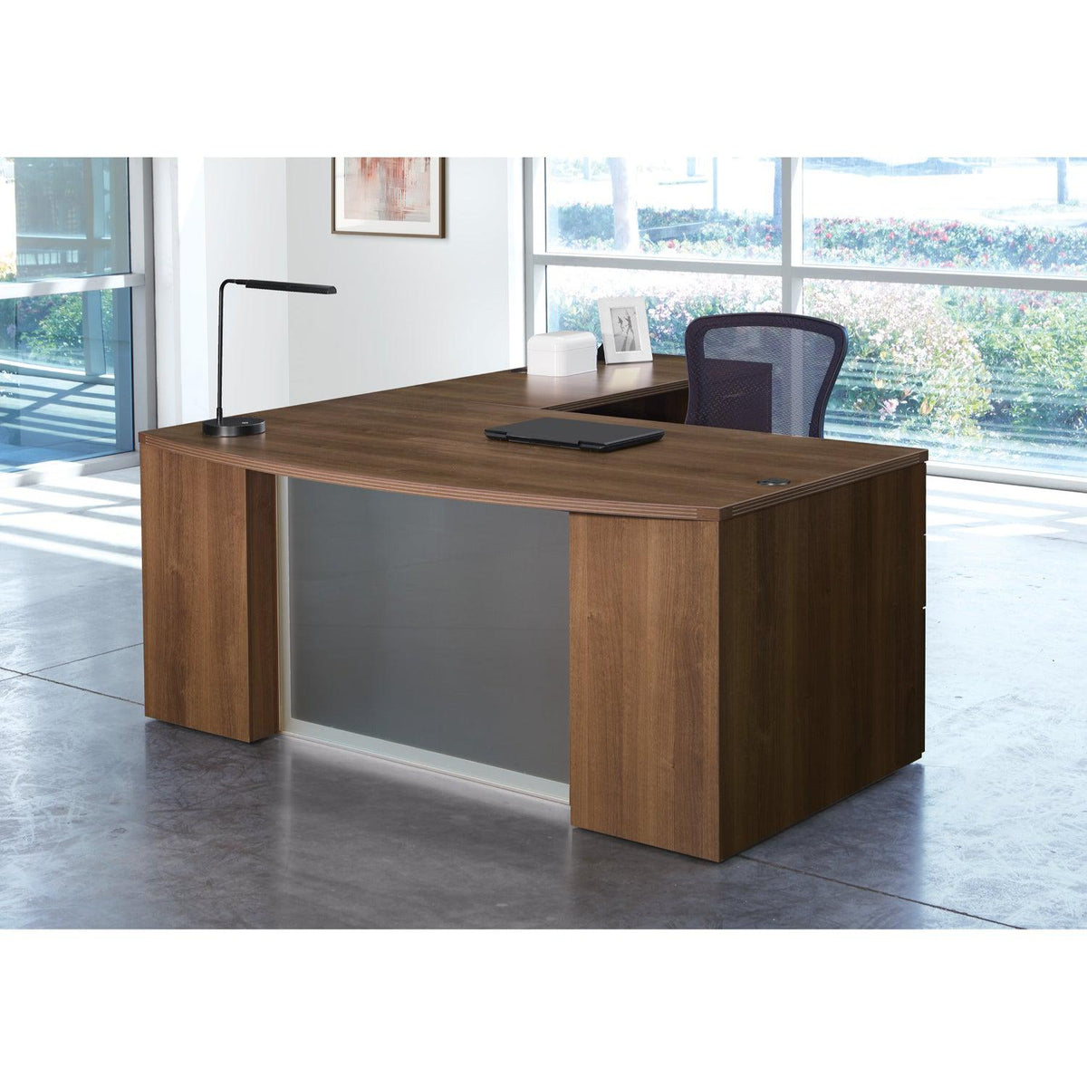 Napa StepFront L Shape with Bow Top Desk and Glass Modesty Panel, 71” x 88”