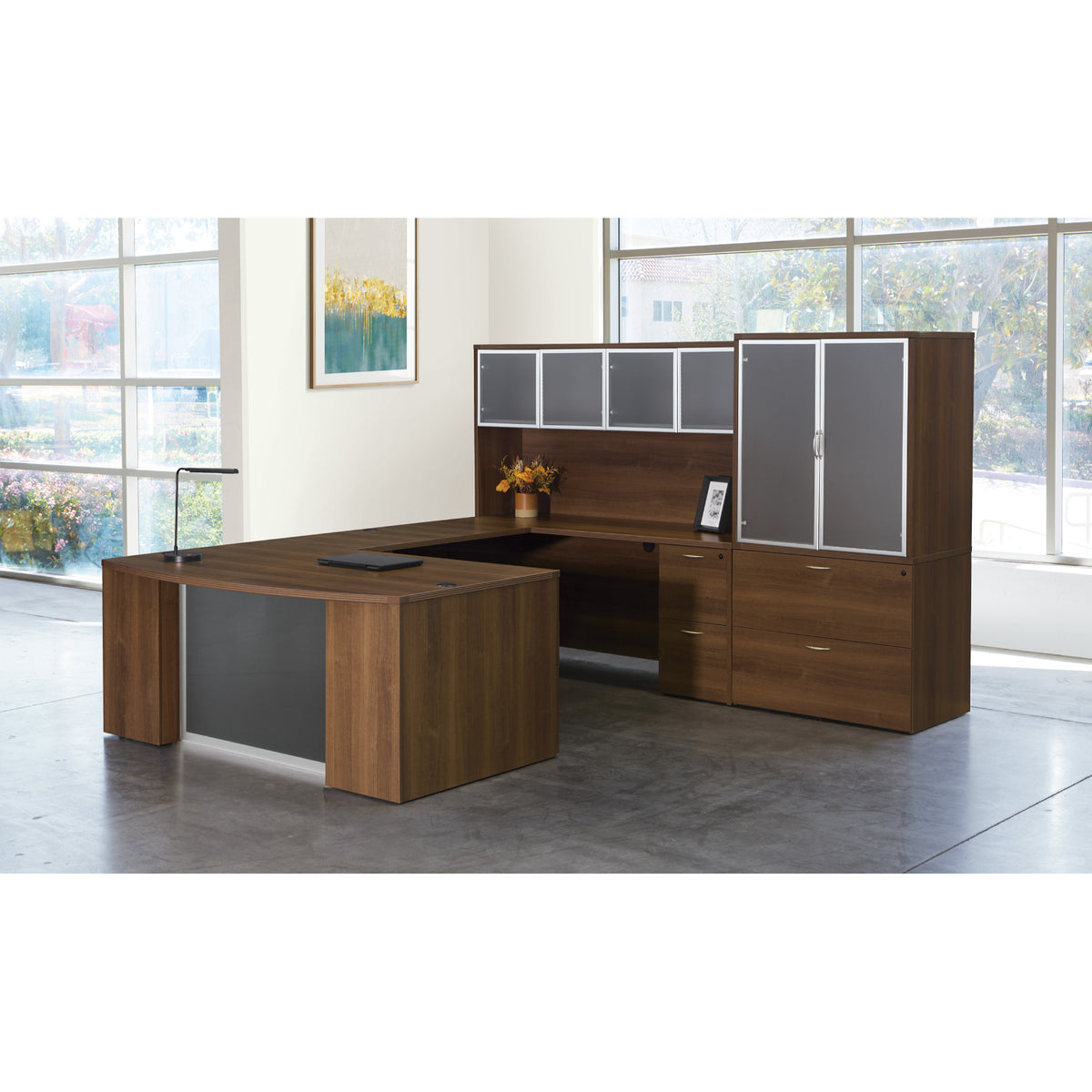 Napa StepFront U Shape with Hutch, File Storage and Glass Modesty Panel, 107” x 112”