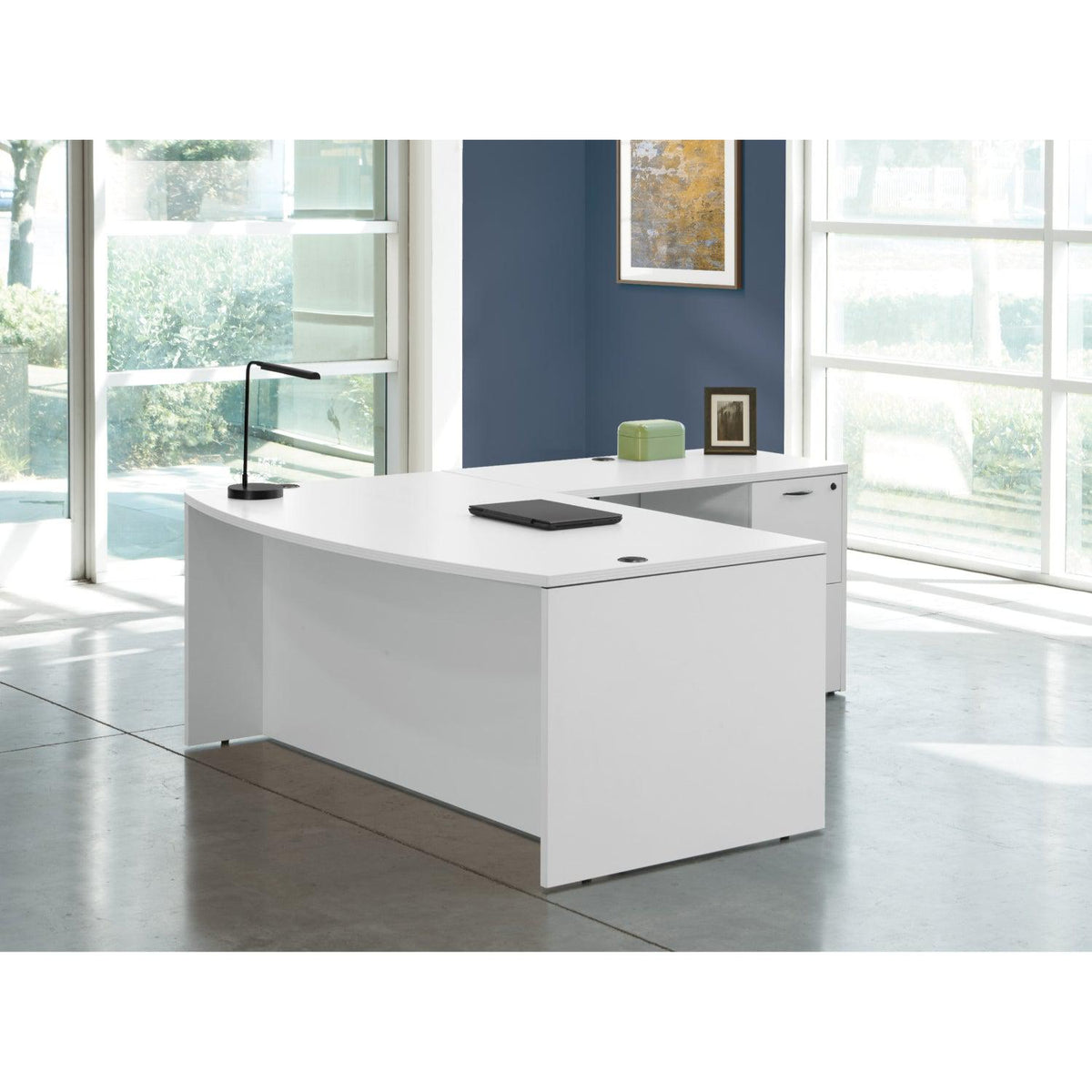 "Napa White" L-Shape with Bow Top Desk, 71" x 89" x 29" H