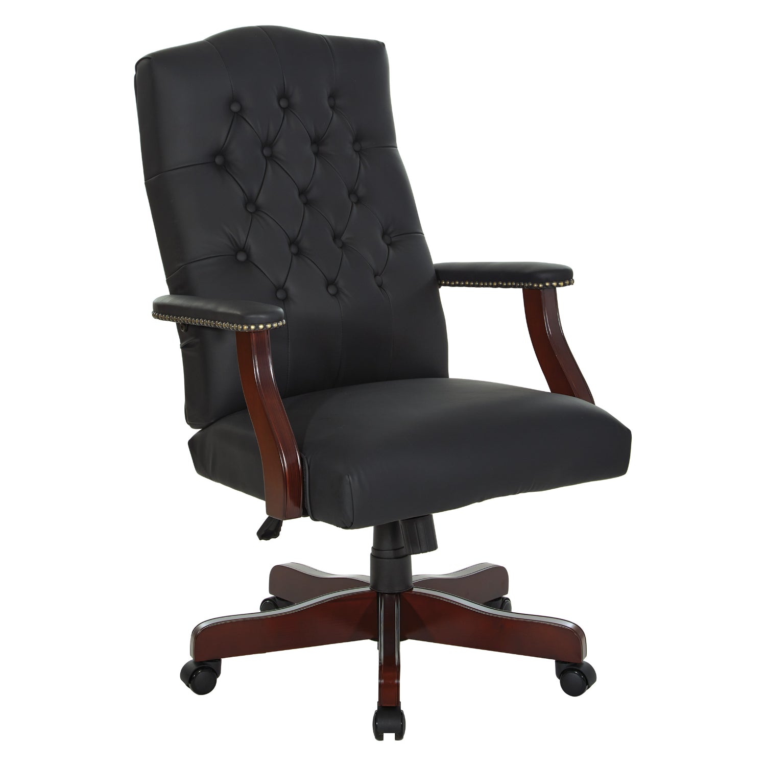 Traditional Executive Chair with Padded Arms, Black Vinyl Upholstery