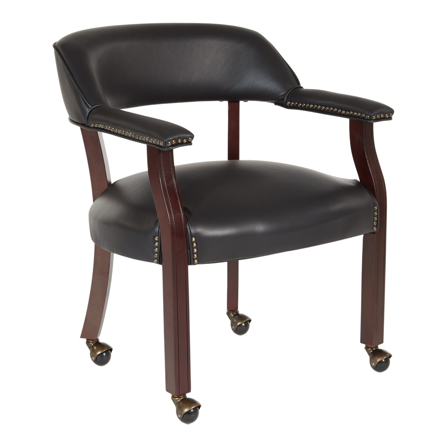 Traditional Guest Chair with Wrap Around Back and Casters, Black Vinyl Upholstery