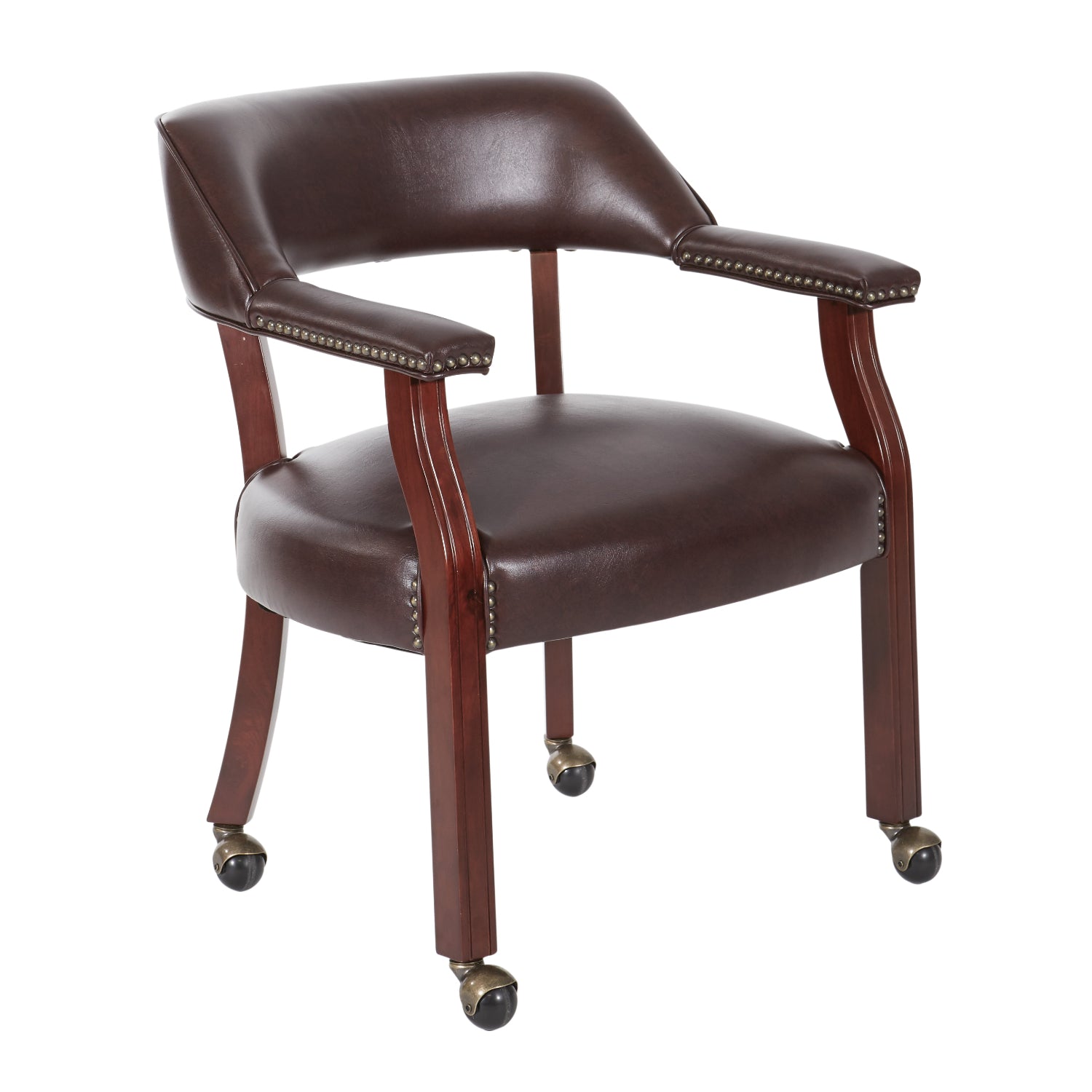 Traditional Guest Chair with Wrap Around Back and Casters, Jamestown Oxblood Vinyl Upholstery