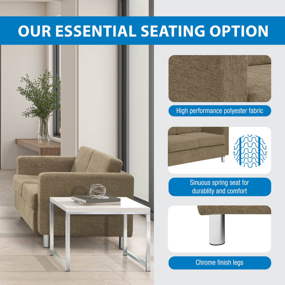 Pacific Loveseat with Chrome Finish Legs, Sergio Solids Fabric Upholstery