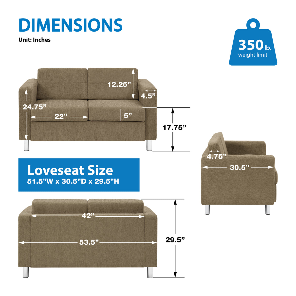 Pacific Loveseat with Chrome Finish Legs, Sergio Solids Fabric Upholstery