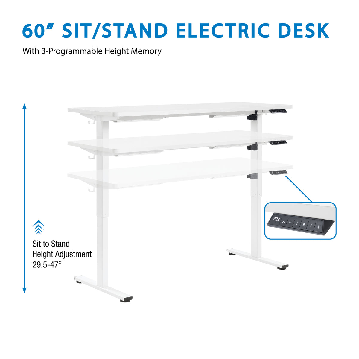 Primo 60" Sit/Stand Electric Height Adjustable Desk, White Base with White Top