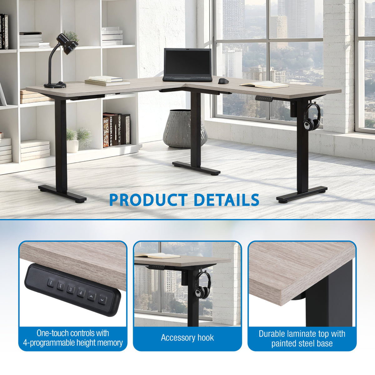 Primo Sit-to-Stand Electric Height-Adjustable L-Desk, Black Base/Light Grey Top