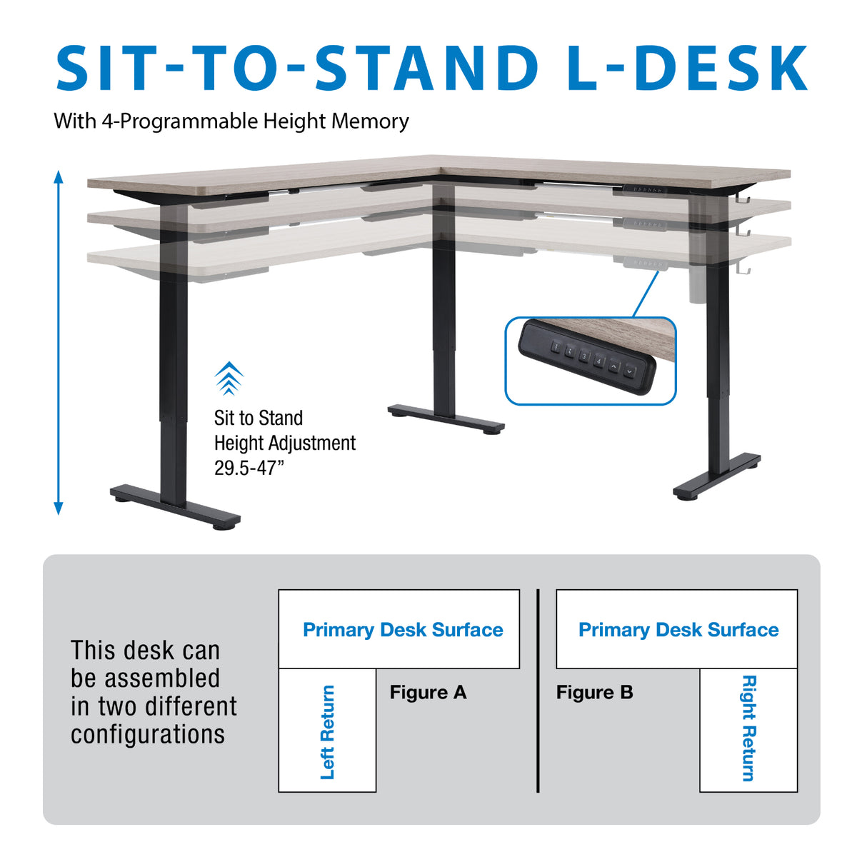 Primo Sit-to-Stand Electric Height-Adjustable L-Desk, Black Base/Light Grey Top