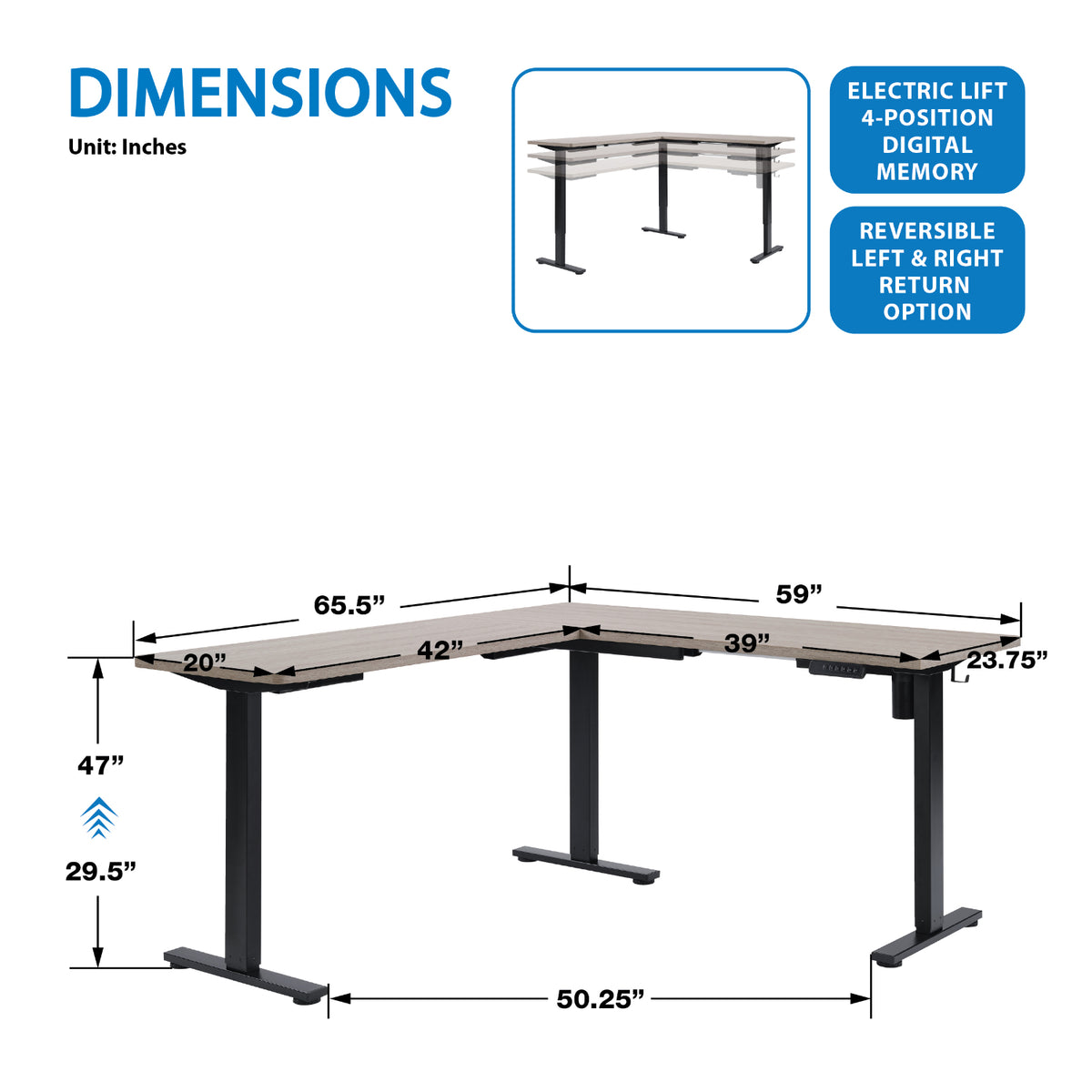 Primo Sit-to-Stand Electric Height-Adjustable L-Desk, Black Base/Light Grey Top