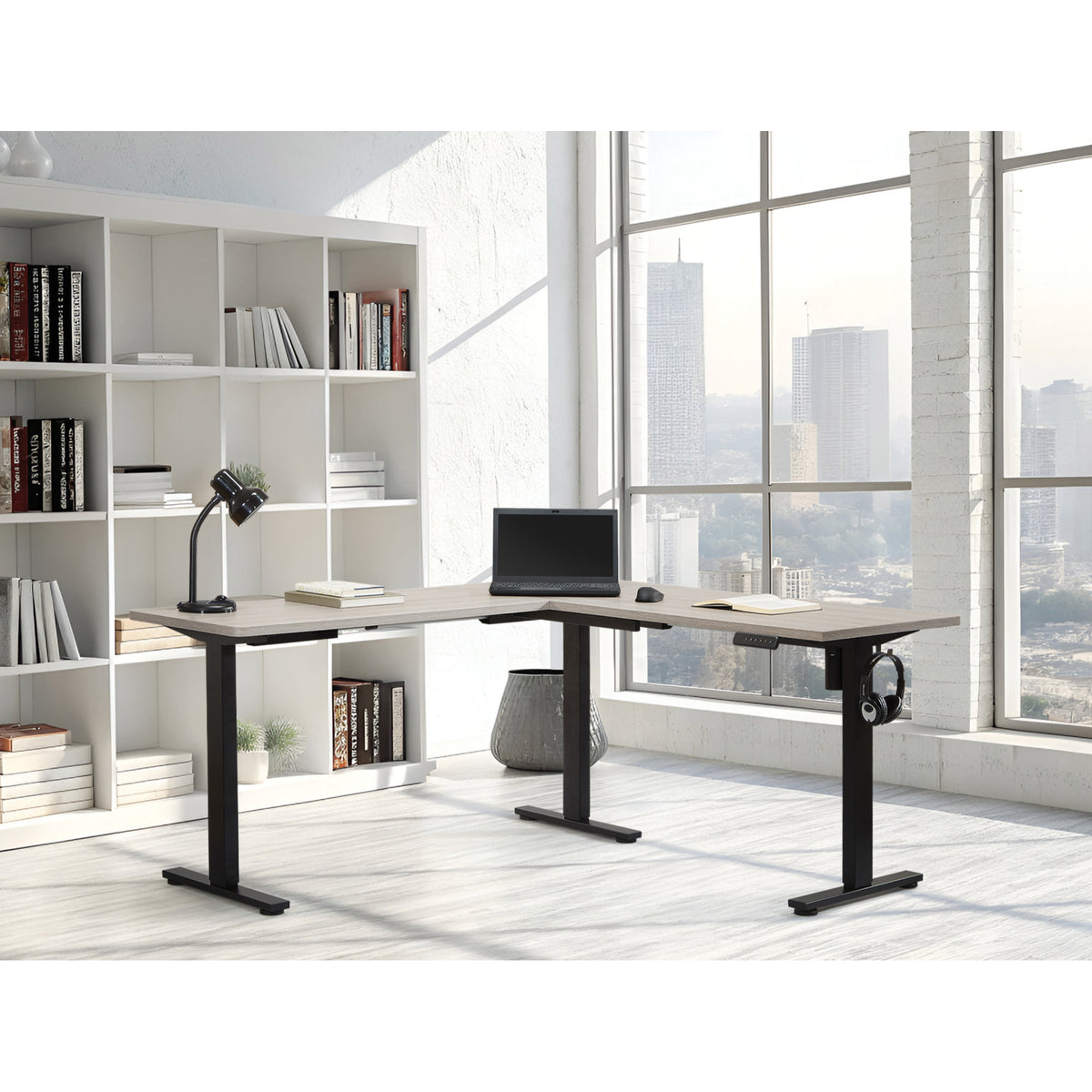 Primo Sit-to-Stand Electric Height-Adjustable L-Desk, Black Base/Light Grey Top