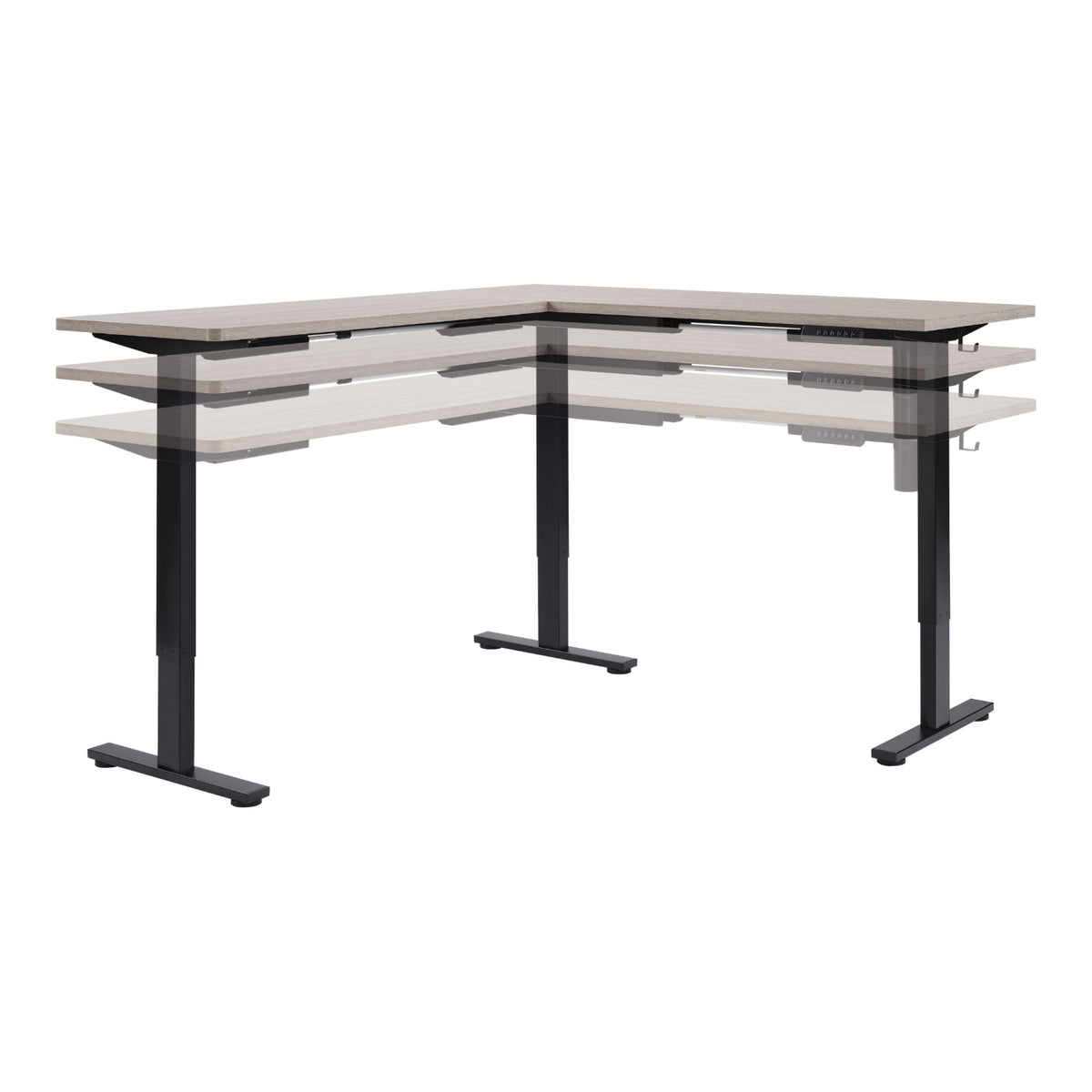 Primo Sit-to-Stand Electric Height-Adjustable L-Desk, Black Base/Light Grey Top