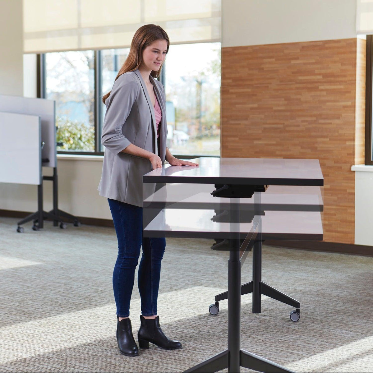 KI Pirouette Fixed Top Rectangular Table, Pneumatic Adjustable Height "T" Base (29"-44" H), FREE SHIPPING