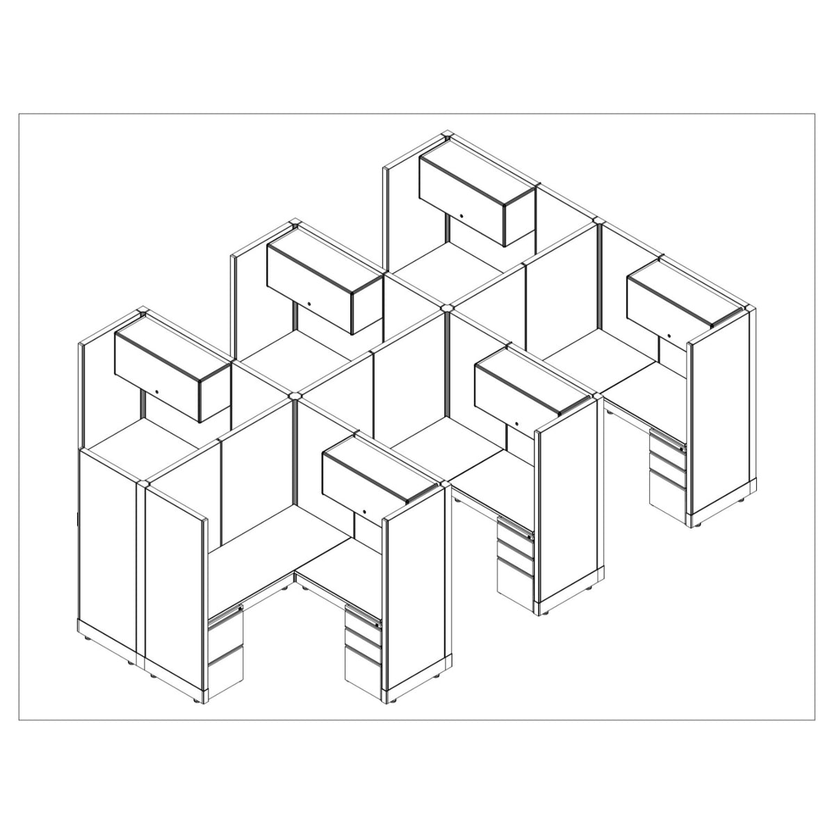 Systems In Stock Six 5' x 5' L-Shape Workstations with Overheads, 67" H