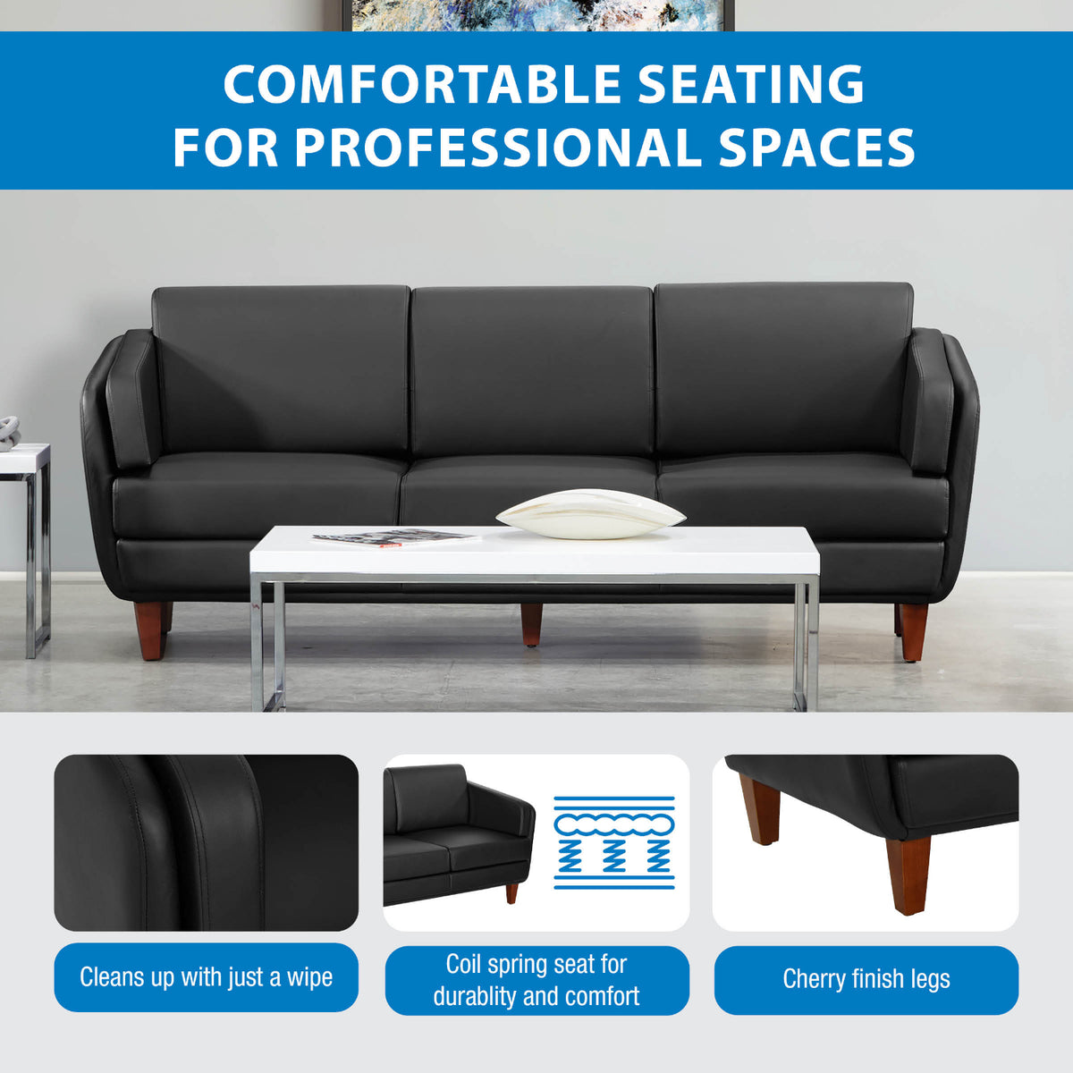 SL59400 Series Black Faux Leather Sofa with Cherry Leg Finish