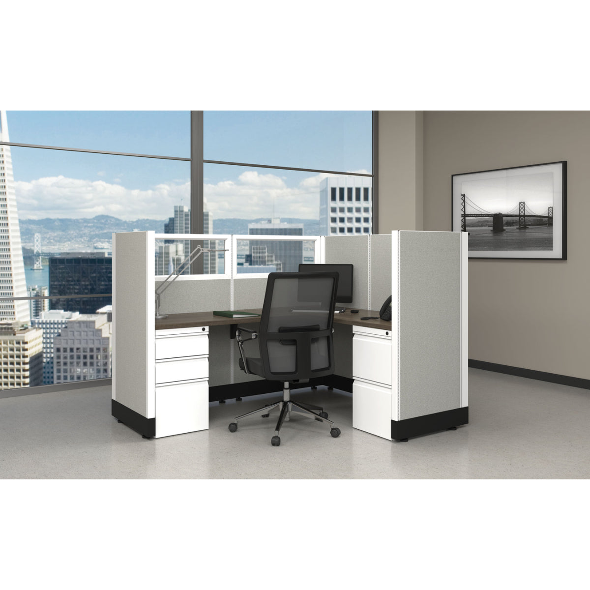 Systems In Stock 5' x 6' L-Shape Workstation with Glass Panels, 53" H