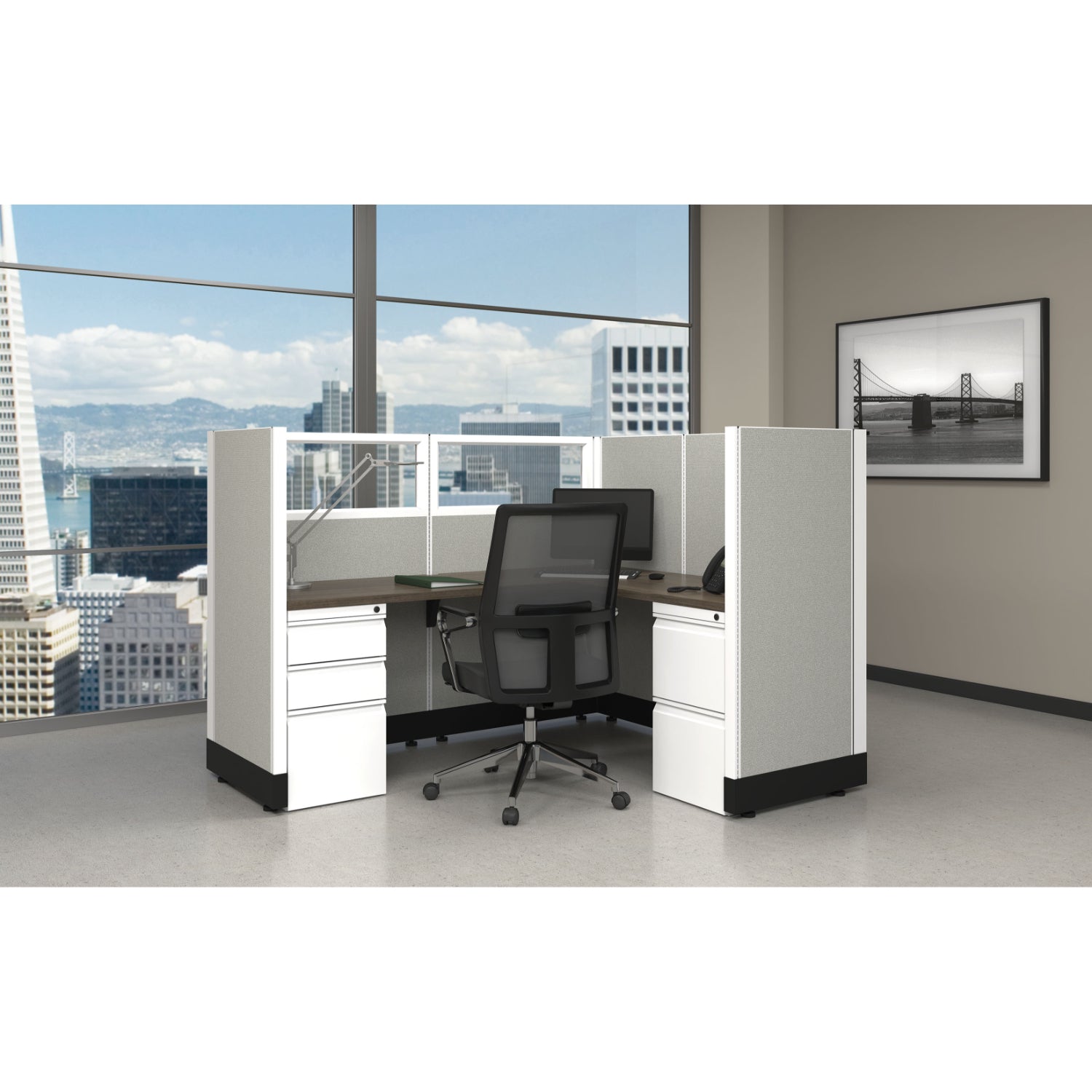 Systems In Stock 5' x 6' L-Shape Workstation with Glass Panels, 53" H