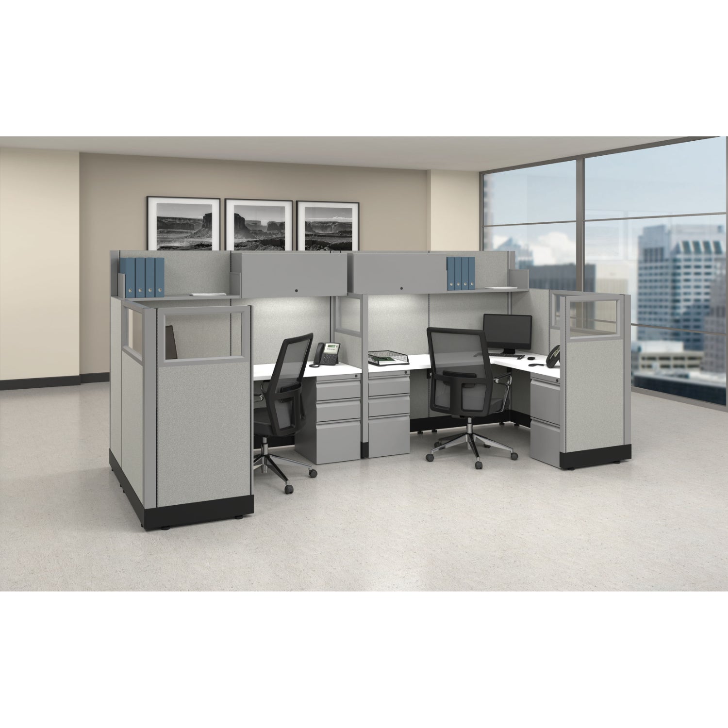 Systems In Stock 12' x 6' Double L-Shape Workstation with Glass Panels and Overheads, 67" H