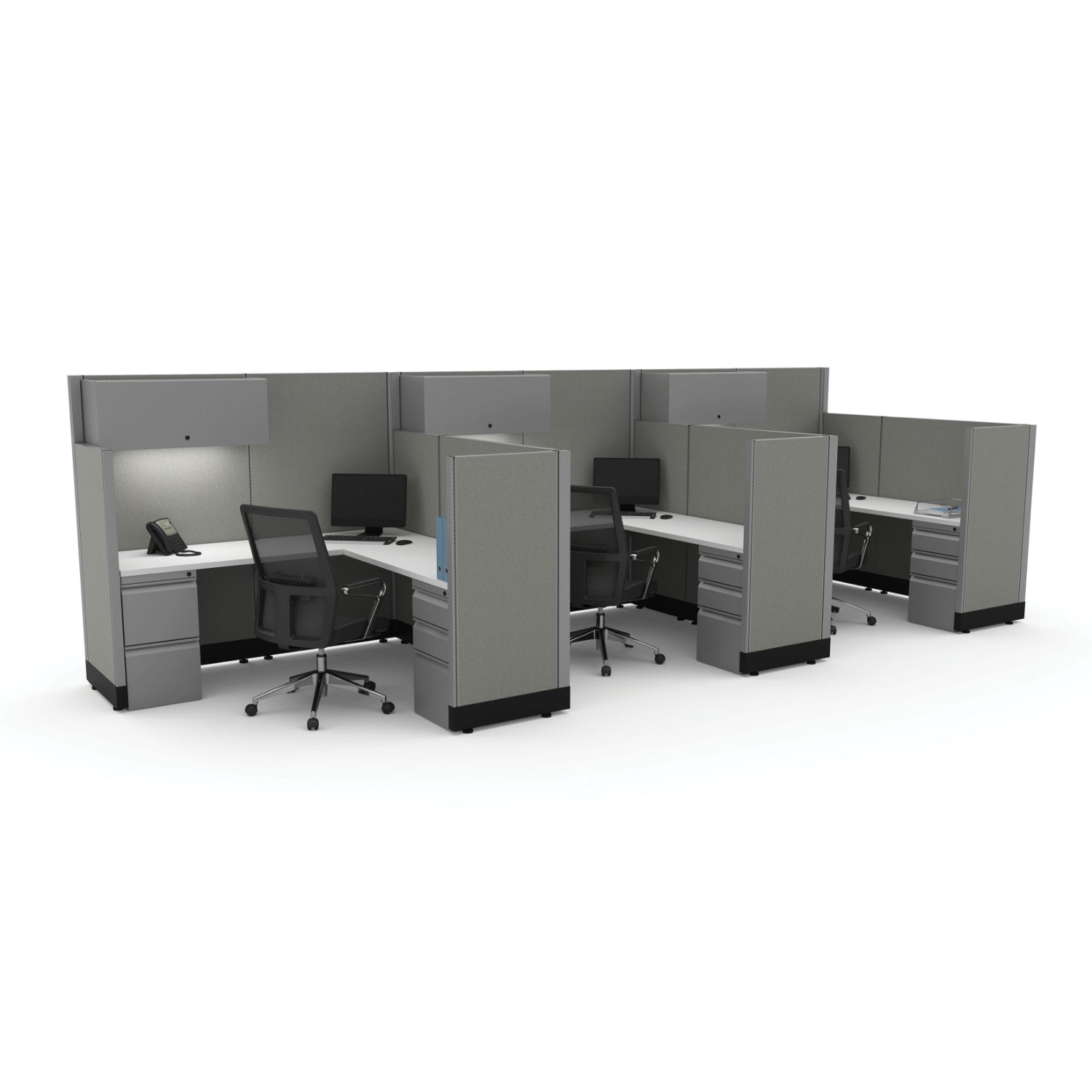 Systems In Stock Three 6' x 6' L-Shape Workstations with Overheads, 67" H