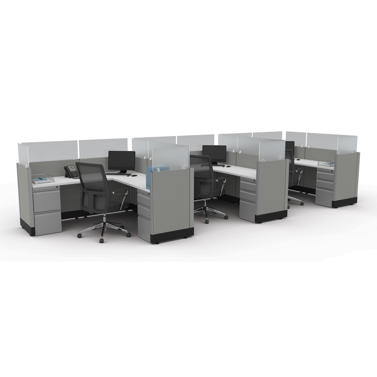 Systems In Stock Three 6' x 6" L-Shape Workstations with Glass Panels, 39" H