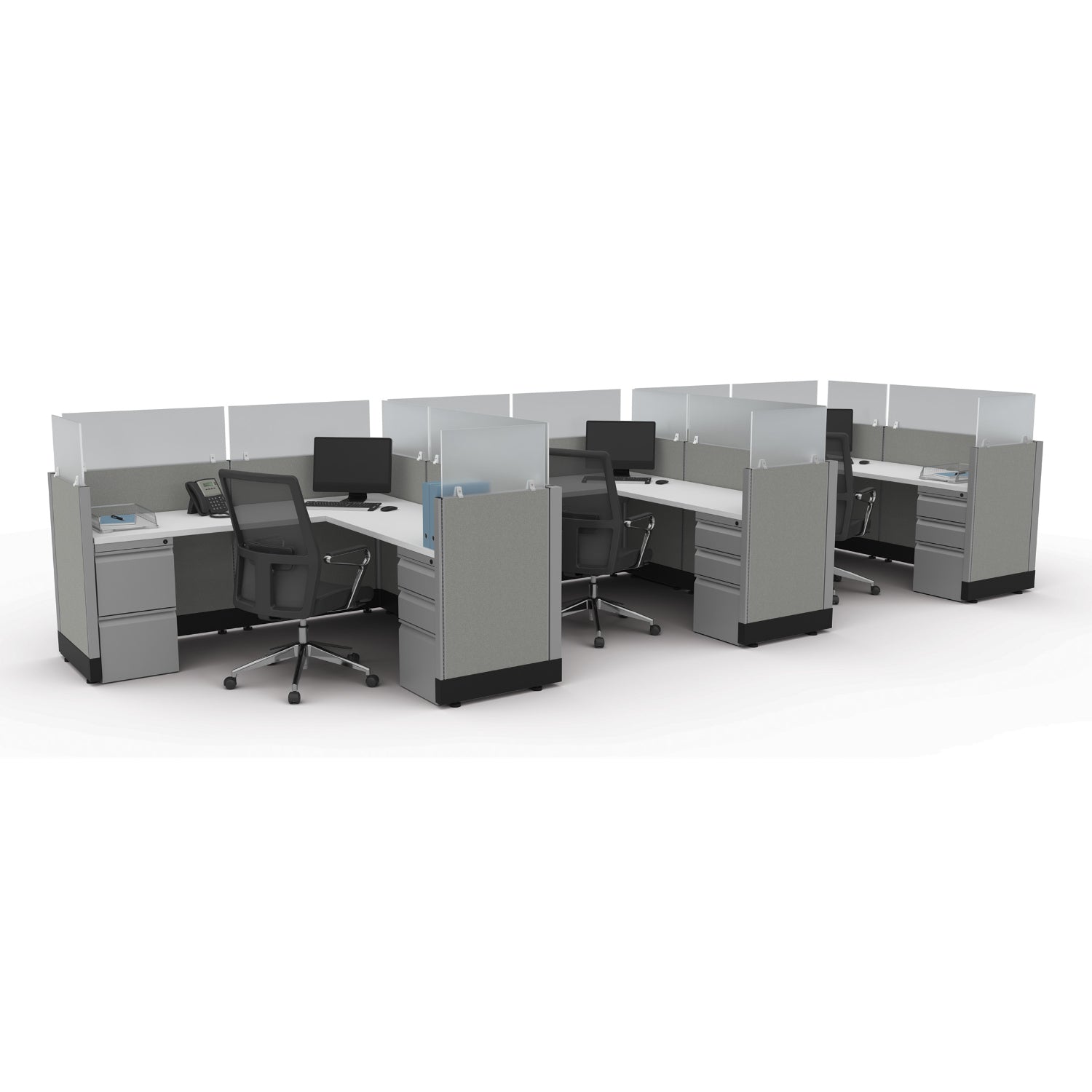 Systems In Stock Three 6' x 6" L-Shape Workstations with Glass Panels, 39" H