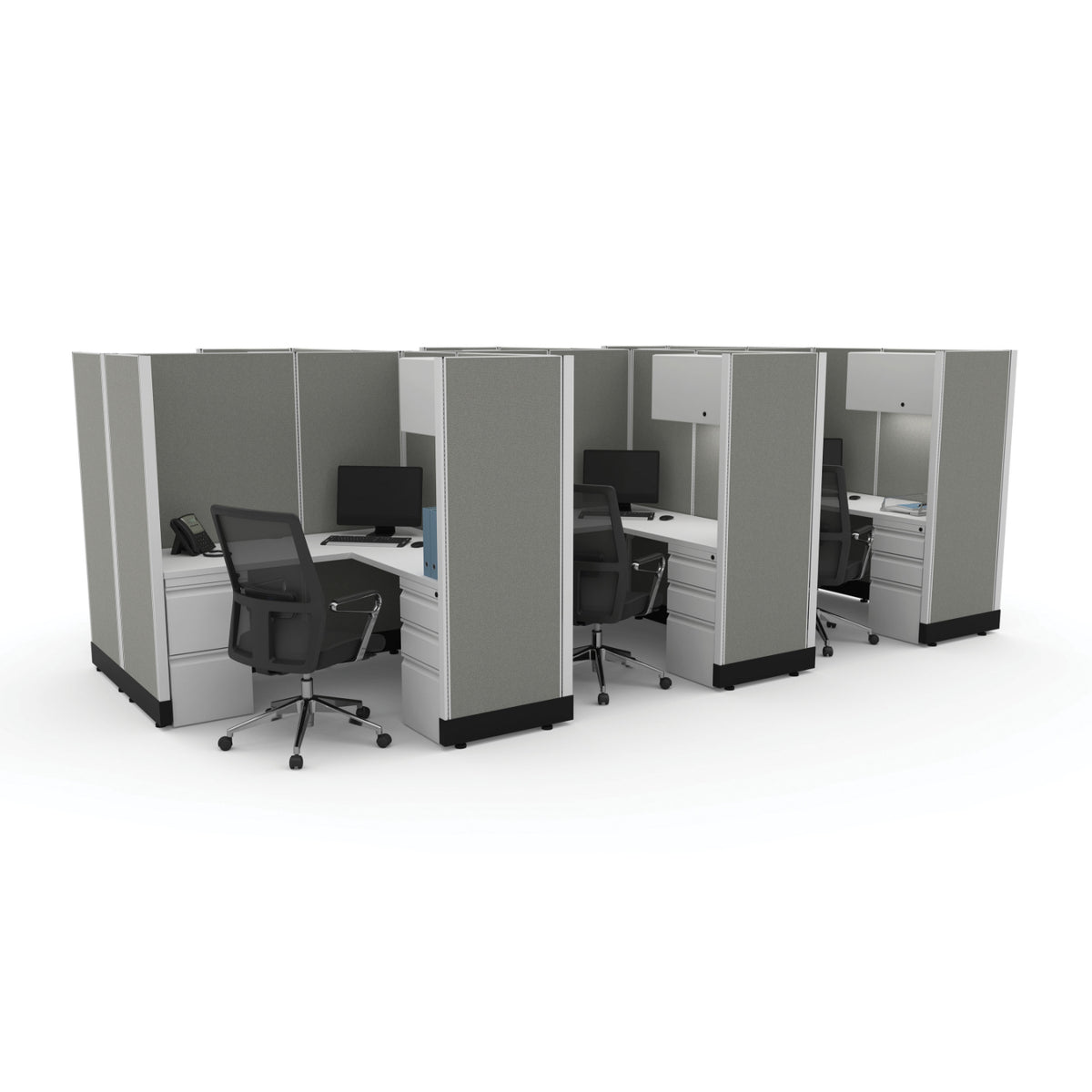 Systems In Stock Six 5' x 5' L-Shape Workstations with Overheads, 67" H