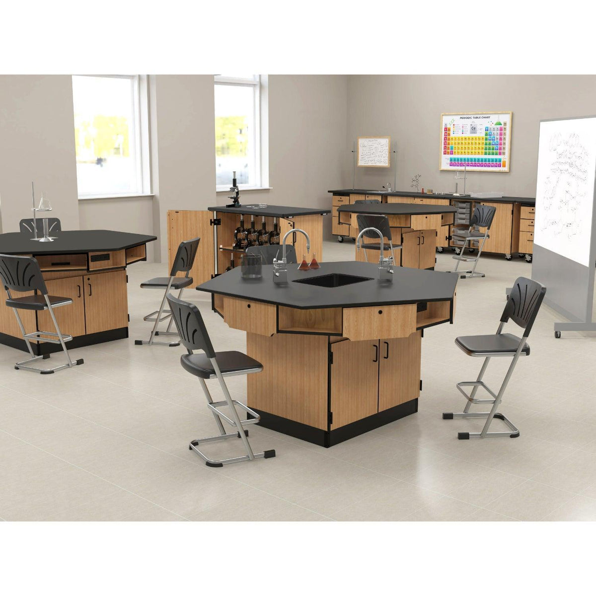 Hexagon 6-Person Science Workstation, Phenolic Top, Drawers, Power Strips, Epoxy Sink and Gas Fixtures