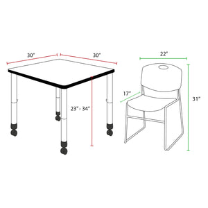 Kee Classroom Table and Chair Package, Kee 30" Square Mobile Adjustable Height Table with 4 Black Zeng Stack Chairs