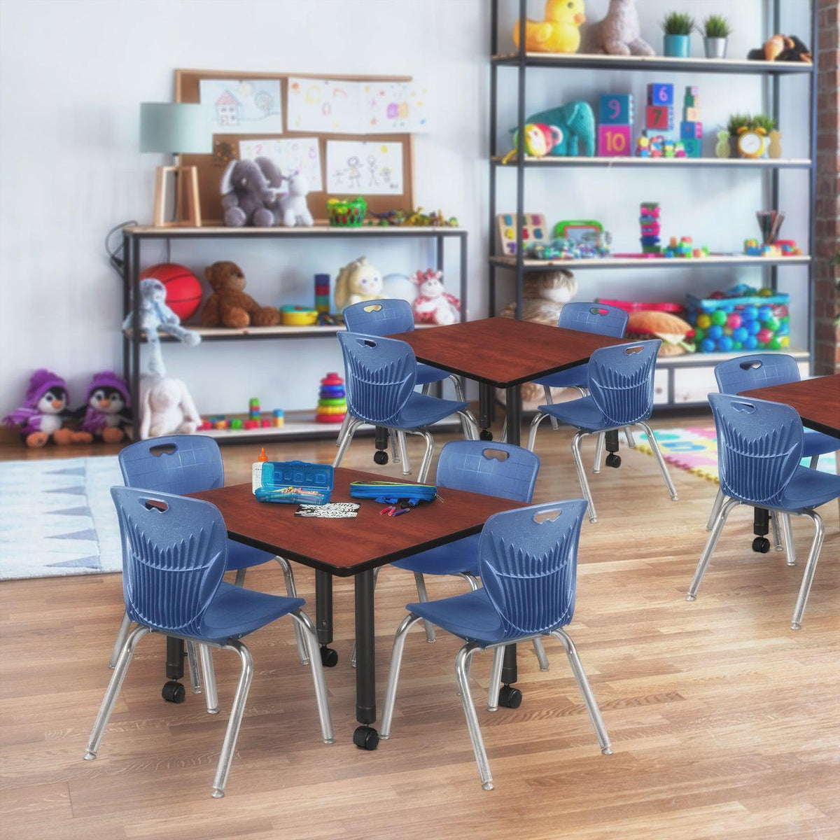 Kee Classroom Table and Chair Package, Kee 30" Square Mobile Adjustable Height Table with 4 Andy 12" Stack Chairs