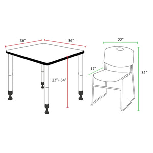 Kee Classroom Table and Chair Package, Kee 36" Square Adjustable Height Table with 4 Black Zeng Stack Chairs