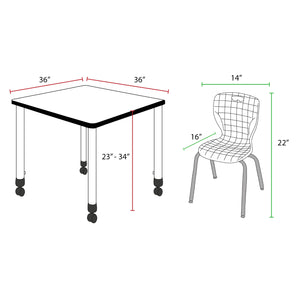 Kee Classroom Table and Chair Package, Kee 36" Square Mobile Adjustable Height Table with 4 Andy 12" Stack Chairs