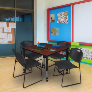 Kee Classroom Table and Chair Package, Kee 36" Square Adjustable Height Table with 4 Black Zeng Stack Chairs